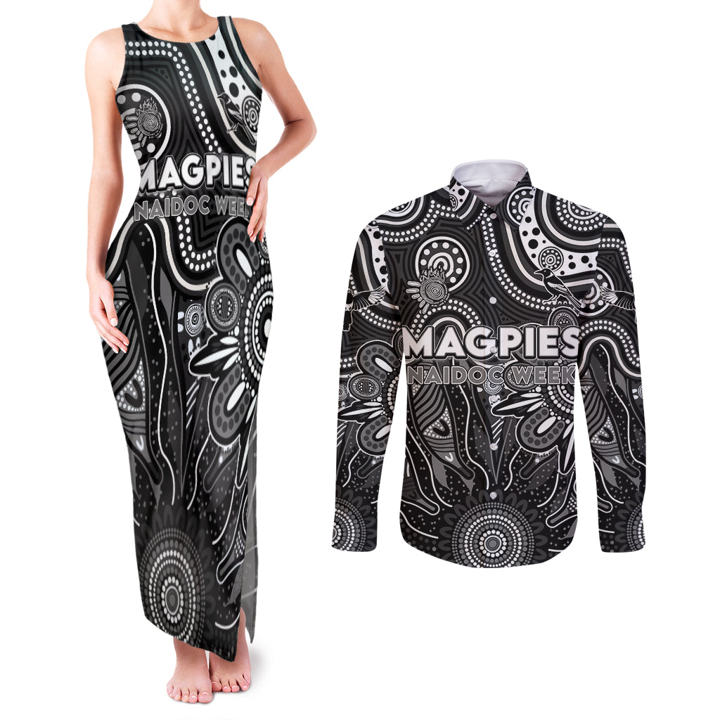Personalised Magpies NAIDOC Week 2024 Couples Matching Tank Maxi Dress and Long Sleeve Button Shirt Aussie Aboriginal Art