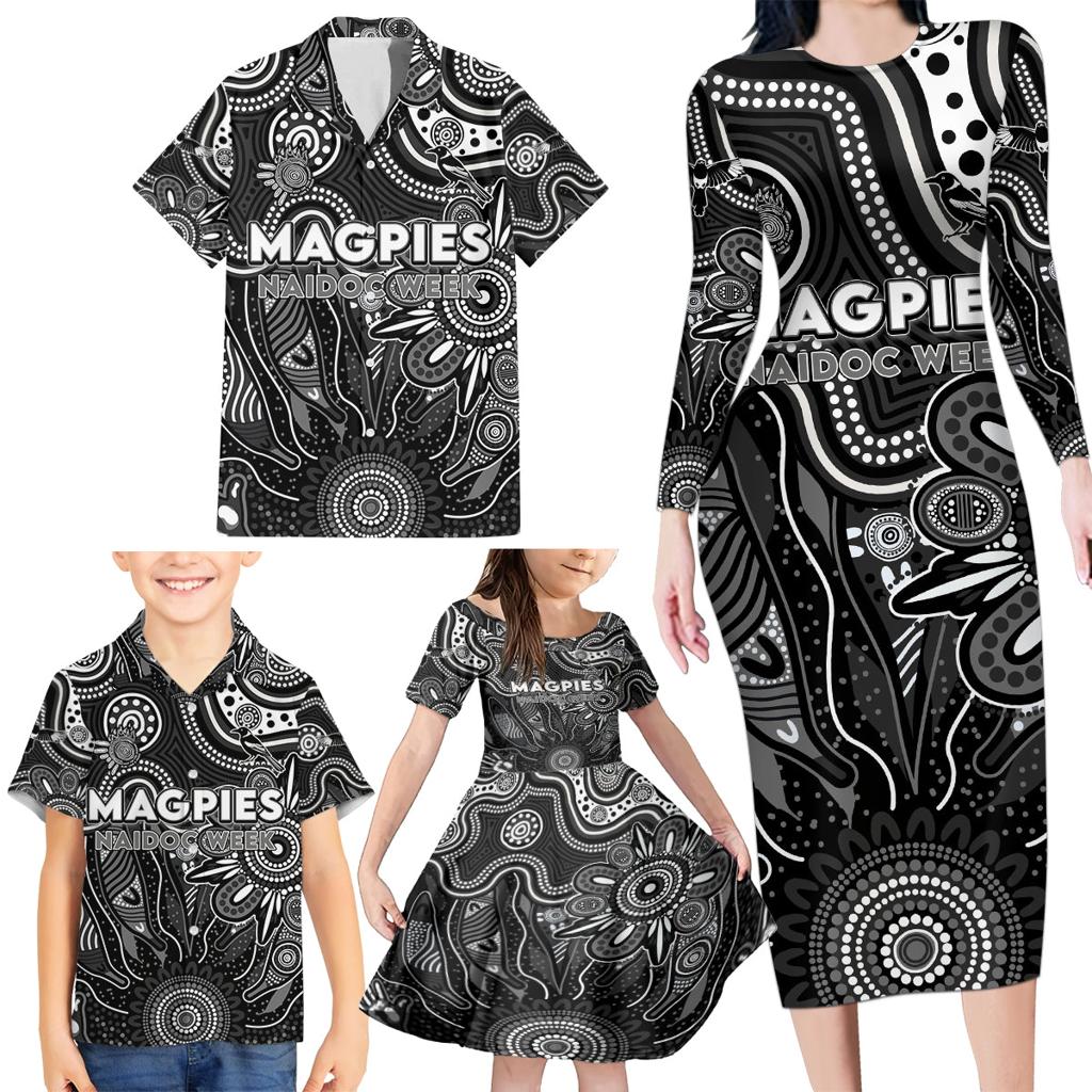 Personalised Magpies NAIDOC Week 2024 Family Matching Long Sleeve Bodycon Dress and Hawaiian Shirt Aussie Aboriginal Art