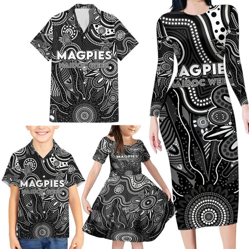 Personalised Magpies NAIDOC Week 2024 Family Matching Long Sleeve Bodycon Dress and Hawaiian Shirt Aussie Aboriginal Art