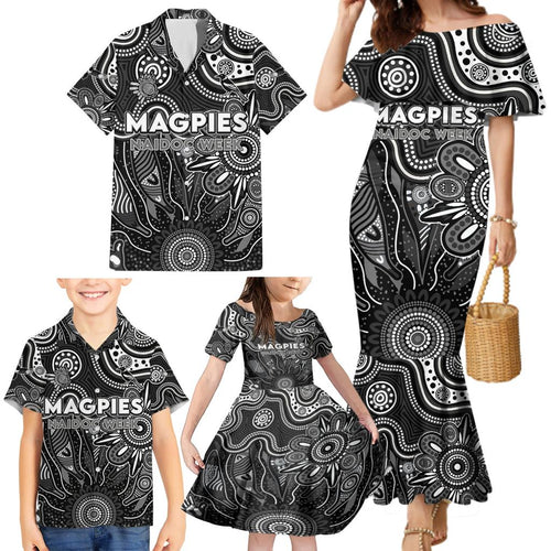Personalised Magpies NAIDOC Week 2024 Family Matching Mermaid Dress and Hawaiian Shirt Aussie Aboriginal Art
