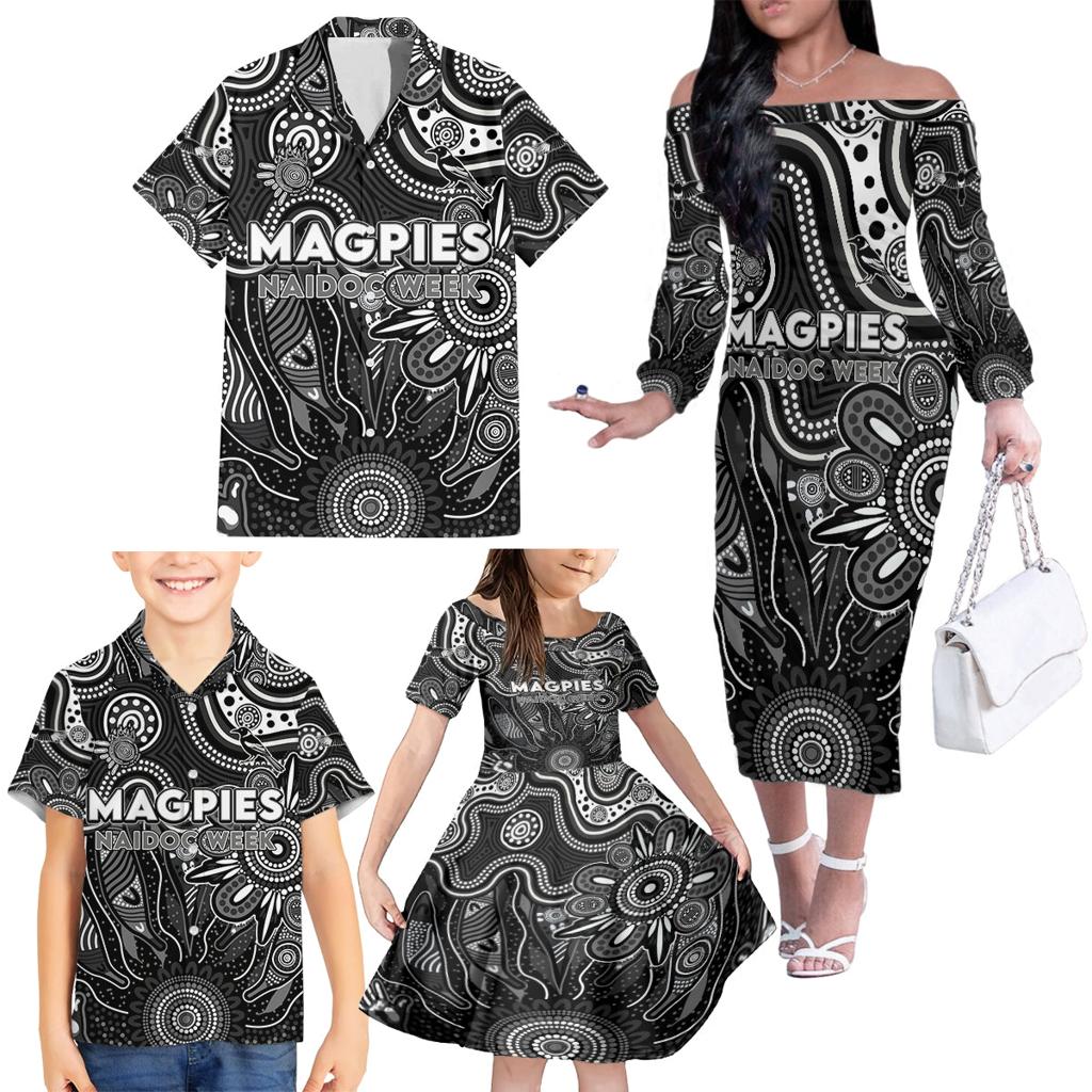 Personalised Magpies NAIDOC Week 2024 Family Matching Off The Shoulder Long Sleeve Dress and Hawaiian Shirt Aussie Aboriginal Art