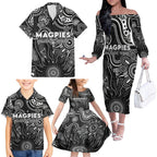 Personalised Magpies NAIDOC Week 2024 Family Matching Off The Shoulder Long Sleeve Dress and Hawaiian Shirt Aussie Aboriginal Art