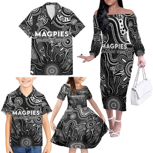 Personalised Magpies NAIDOC Week 2024 Family Matching Off The Shoulder Long Sleeve Dress and Hawaiian Shirt Aussie Aboriginal Art