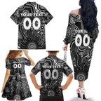 Personalised Magpies NAIDOC Week 2024 Family Matching Off The Shoulder Long Sleeve Dress and Hawaiian Shirt Aussie Aboriginal Art