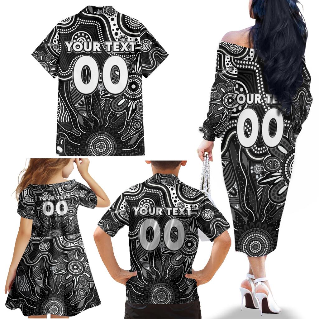 Personalised Magpies NAIDOC Week 2024 Family Matching Off The Shoulder Long Sleeve Dress and Hawaiian Shirt Aussie Aboriginal Art