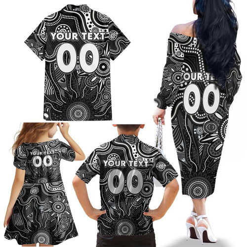 Personalised Magpies NAIDOC Week 2024 Family Matching Off The Shoulder Long Sleeve Dress and Hawaiian Shirt Aussie Aboriginal Art