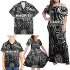 Personalised Magpies NAIDOC Week 2024 Family Matching Off Shoulder Maxi Dress and Hawaiian Shirt Aussie Aboriginal Art