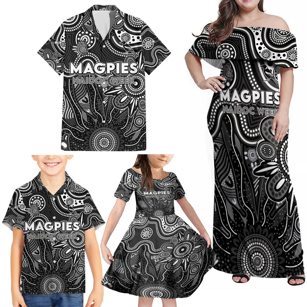 Personalised Magpies NAIDOC Week 2024 Family Matching Off Shoulder Maxi Dress and Hawaiian Shirt Aussie Aboriginal Art