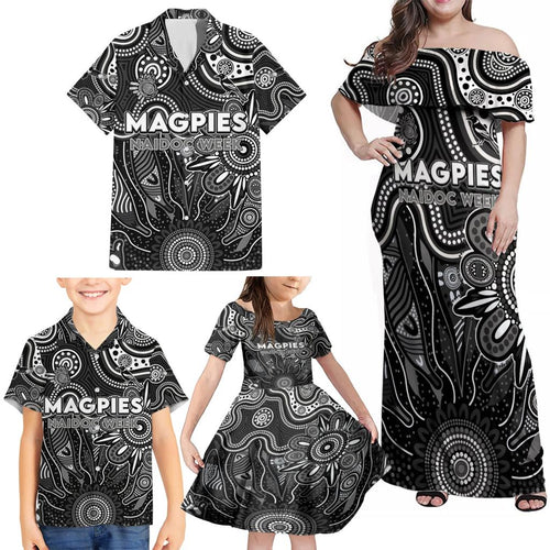 Personalised Magpies NAIDOC Week 2024 Family Matching Off Shoulder Maxi Dress and Hawaiian Shirt Aussie Aboriginal Art