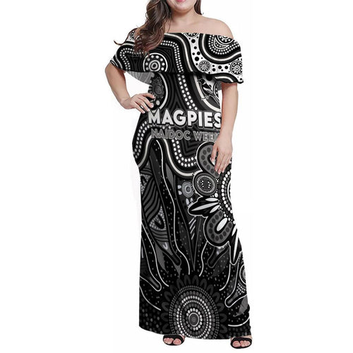Personalised Magpies NAIDOC Week 2024 Family Matching Off Shoulder Maxi Dress and Hawaiian Shirt Aussie Aboriginal Art