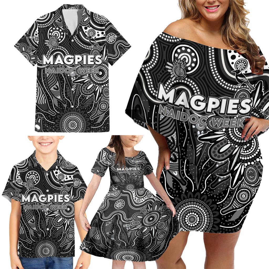 Personalised Magpies NAIDOC Week 2024 Family Matching Off Shoulder Short Dress and Hawaiian Shirt Aussie Aboriginal Art