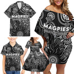 Personalised Magpies NAIDOC Week 2024 Family Matching Off Shoulder Short Dress and Hawaiian Shirt Aussie Aboriginal Art