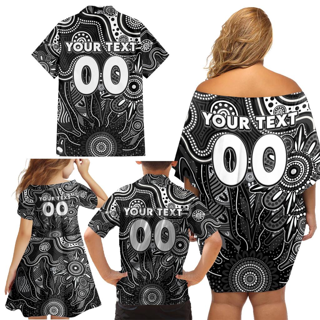 Personalised Magpies NAIDOC Week 2024 Family Matching Off Shoulder Short Dress and Hawaiian Shirt Aussie Aboriginal Art