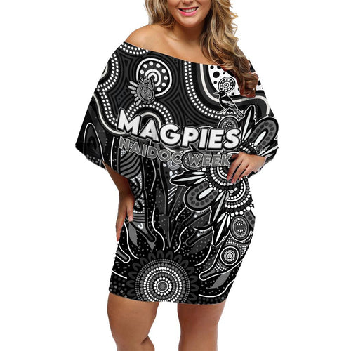 Personalised Magpies NAIDOC Week 2024 Family Matching Off Shoulder Short Dress and Hawaiian Shirt Aussie Aboriginal Art
