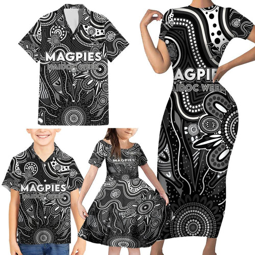 Personalised Magpies NAIDOC Week 2024 Family Matching Short Sleeve Bodycon Dress and Hawaiian Shirt Aussie Aboriginal Art