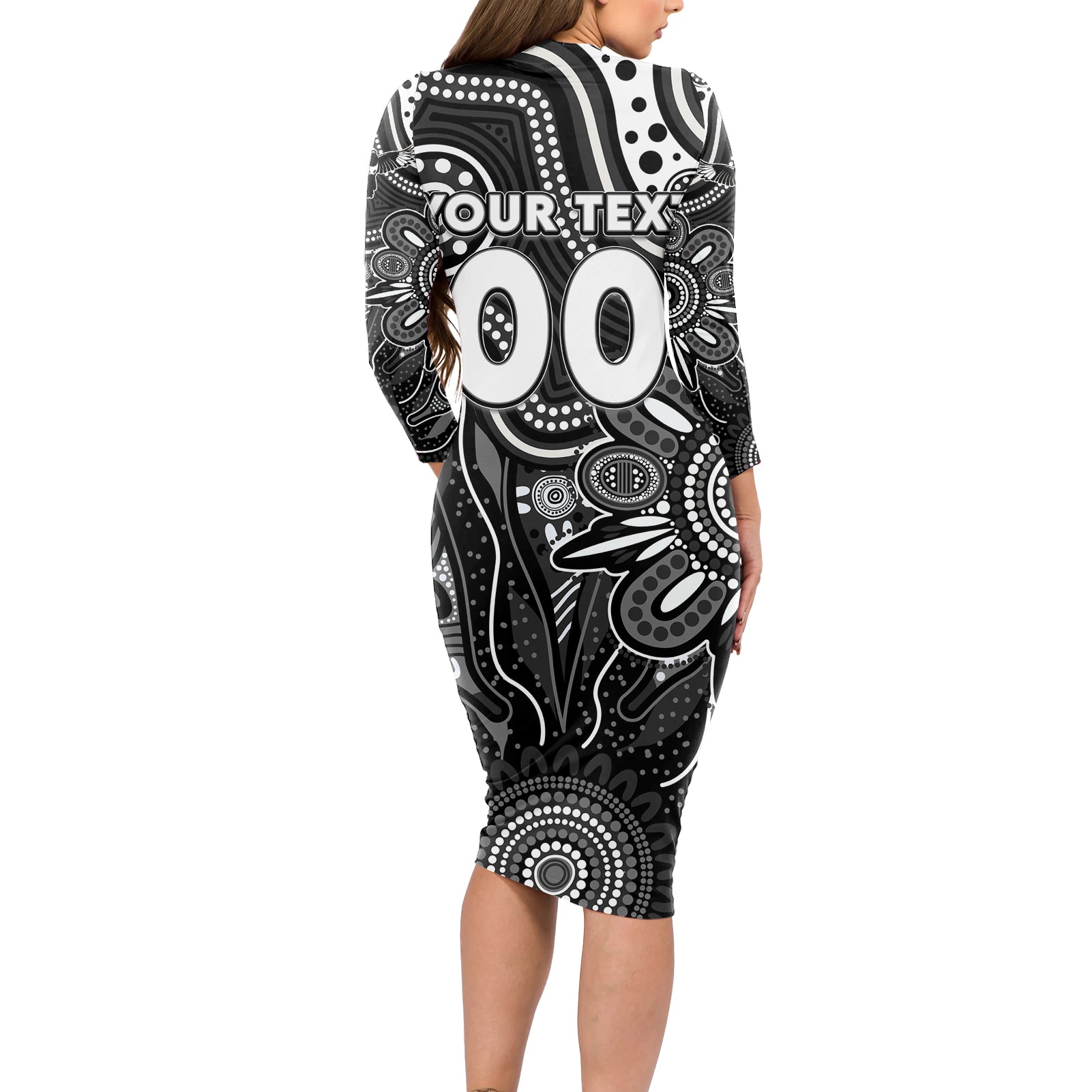 Personalised Magpies NAIDOC Week 2024 Long Sleeve Bodycon Dress Aussie Aboriginal Art
