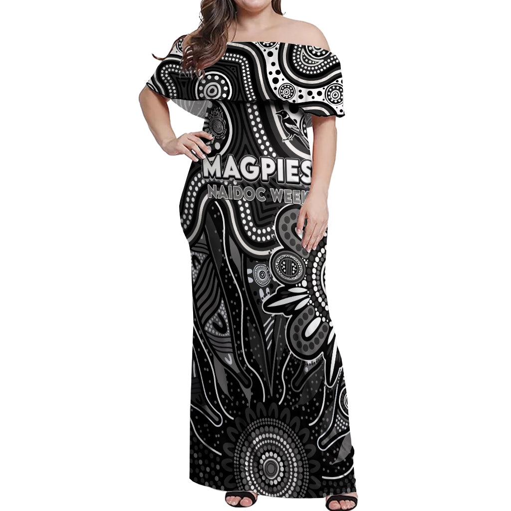 Personalised Magpies NAIDOC Week 2024 Off Shoulder Maxi Dress Aussie Aboriginal Art