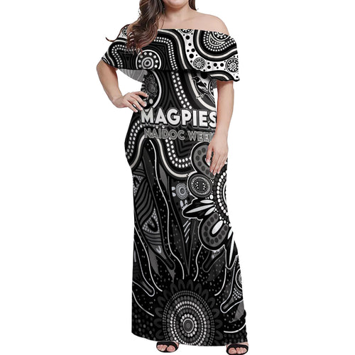 Personalised Magpies NAIDOC Week 2024 Off Shoulder Maxi Dress Aussie Aboriginal Art