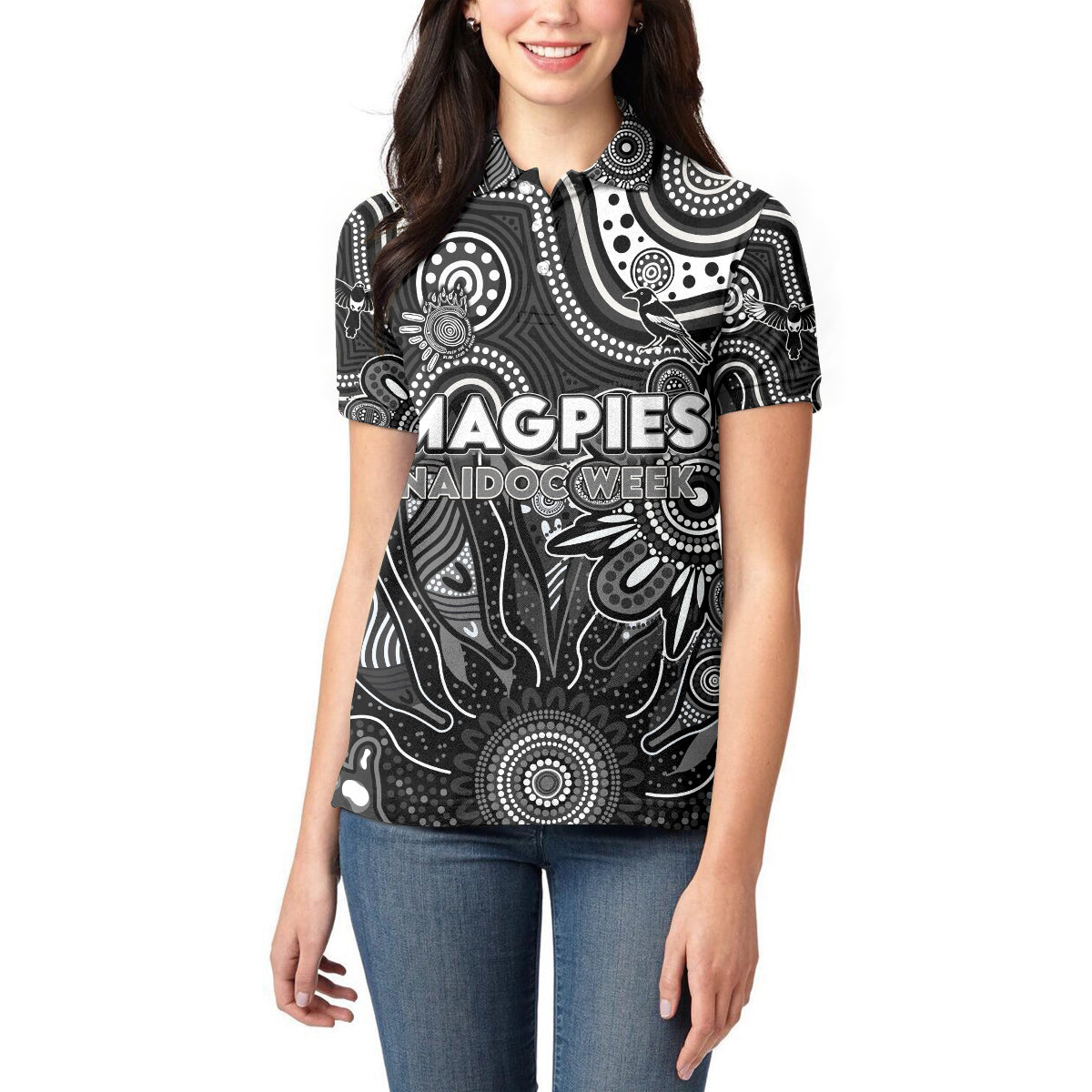 Personalised Magpies NAIDOC Week 2024 Women Polo Shirt Aussie Aboriginal Art
