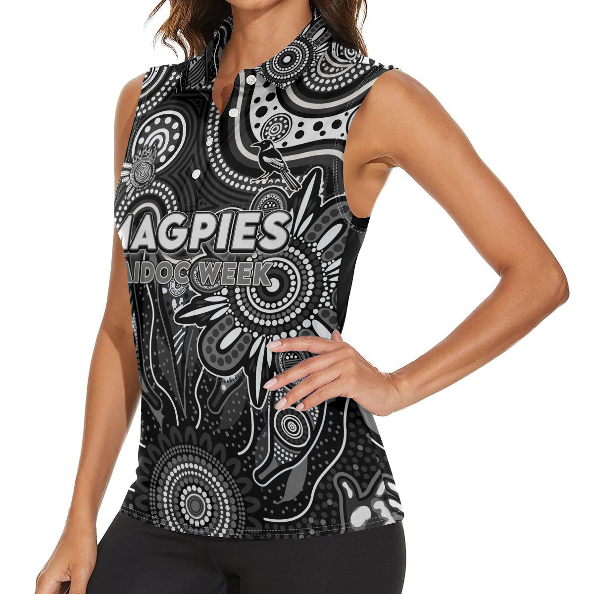 Personalised Magpies NAIDOC Week 2024 Women Sleeveless Polo Shirt Aussie Aboriginal Art