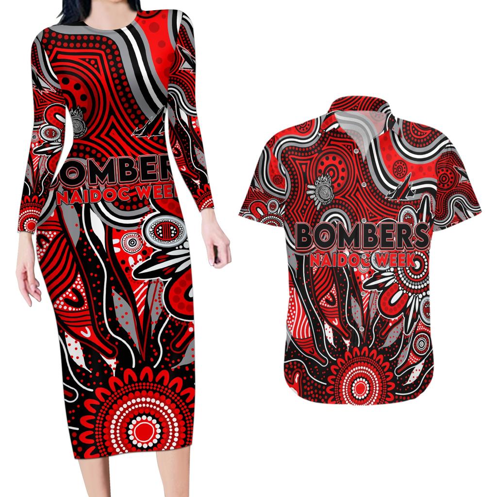 Personalised Bombers NAIDOC Week 2024 Couples Matching Long Sleeve Bodycon Dress and Hawaiian Shirt Aussie Aboriginal Art