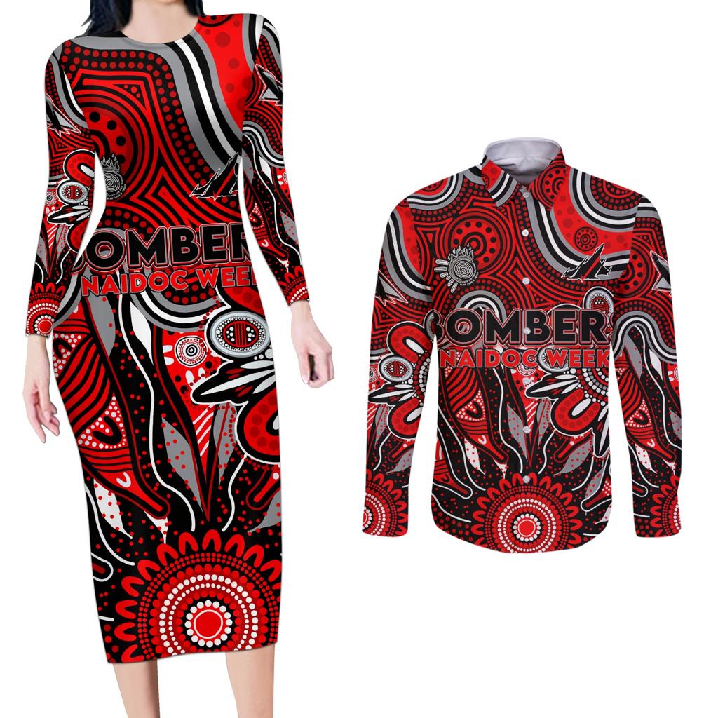 Personalised Bombers NAIDOC Week 2024 Couples Matching Long Sleeve Bodycon Dress and Long Sleeve Button Shirt Aussie Aboriginal Art