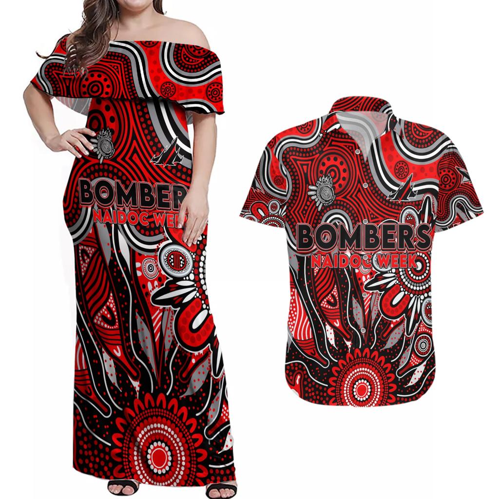 Personalised Bombers NAIDOC Week 2024 Couples Matching Off Shoulder Maxi Dress and Hawaiian Shirt Aussie Aboriginal Art