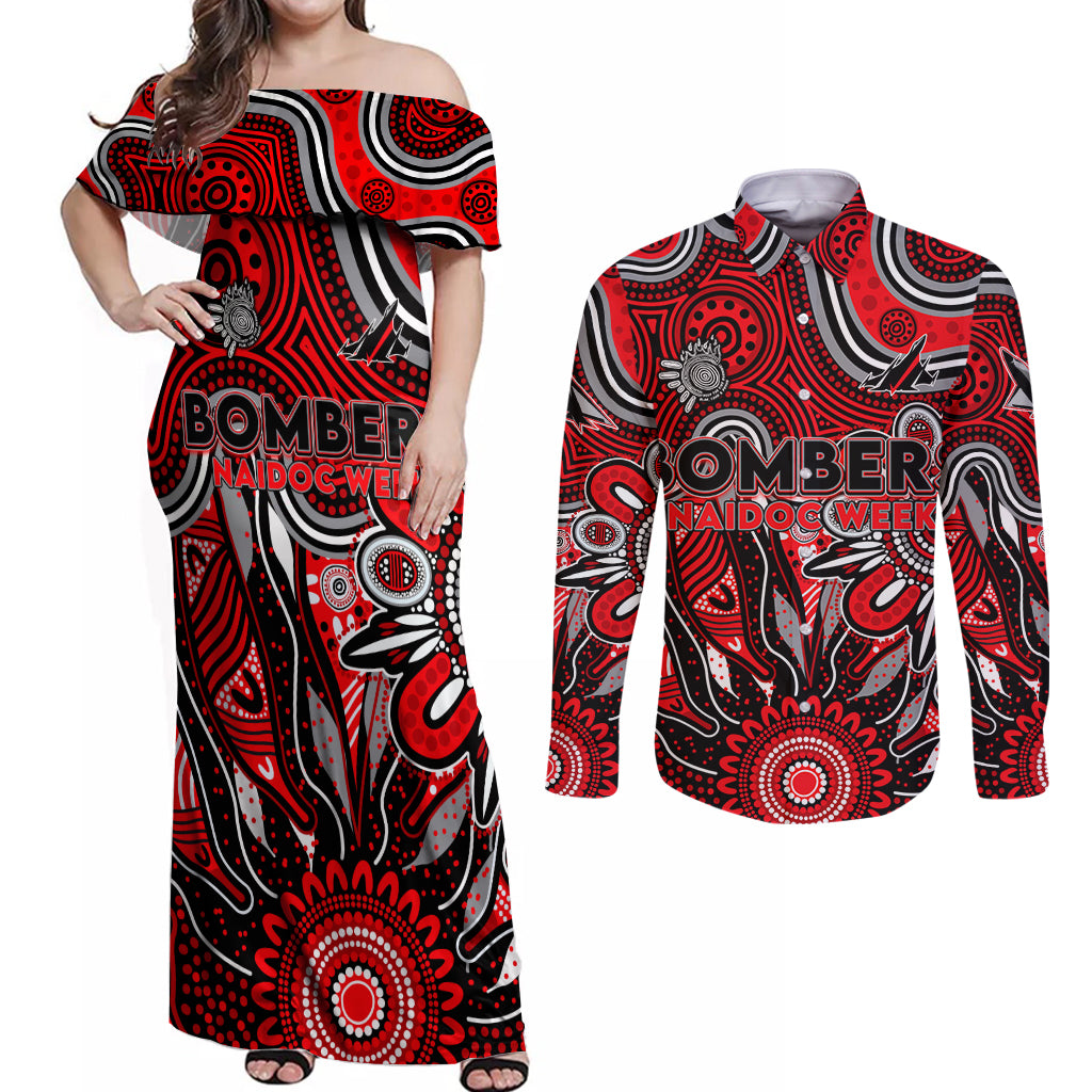 Personalised Bombers NAIDOC Week 2024 Couples Matching Off Shoulder Maxi Dress and Long Sleeve Button Shirt Aussie Aboriginal Art