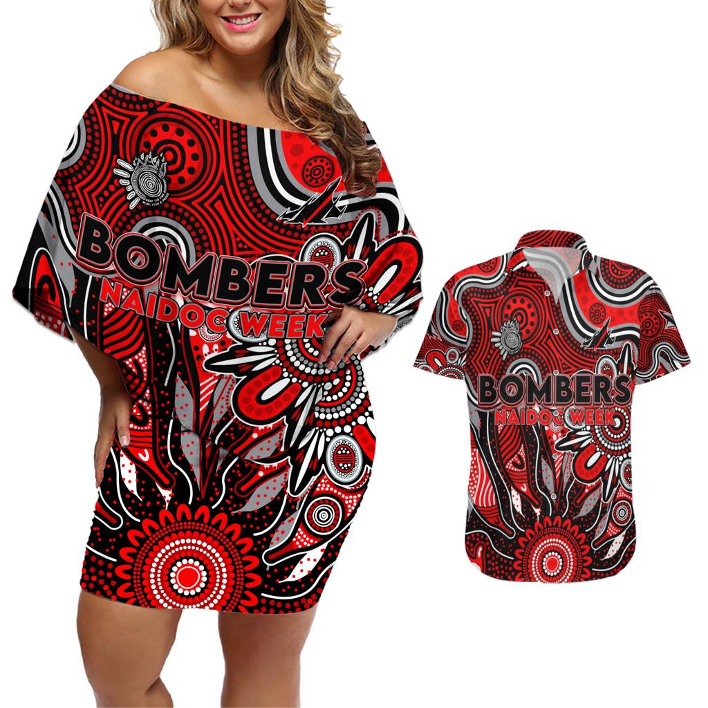 Personalised Bombers NAIDOC Week 2024 Couples Matching Off Shoulder Short Dress and Hawaiian Shirt Aussie Aboriginal Art