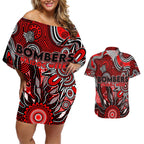 Personalised Bombers NAIDOC Week 2024 Couples Matching Off Shoulder Short Dress and Hawaiian Shirt Aussie Aboriginal Art