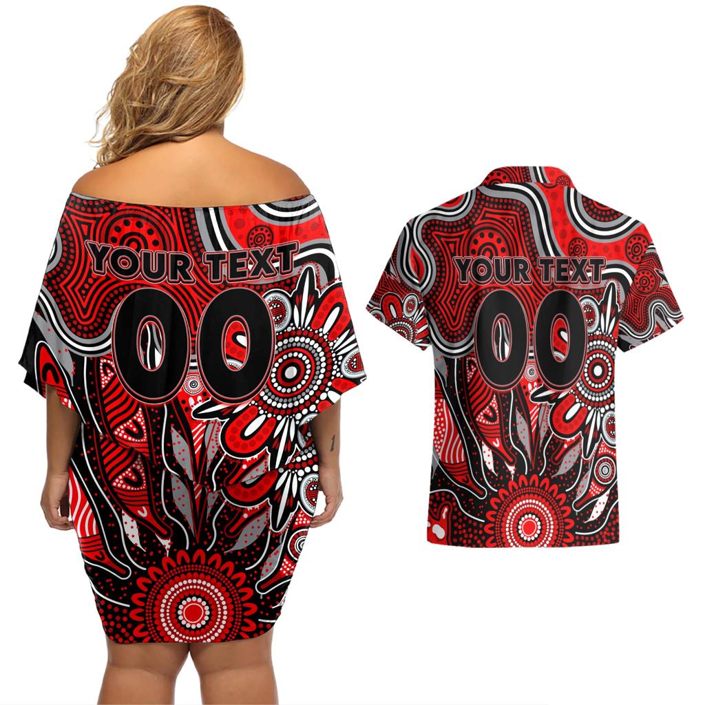 Personalised Bombers NAIDOC Week 2024 Couples Matching Off Shoulder Short Dress and Hawaiian Shirt Aussie Aboriginal Art