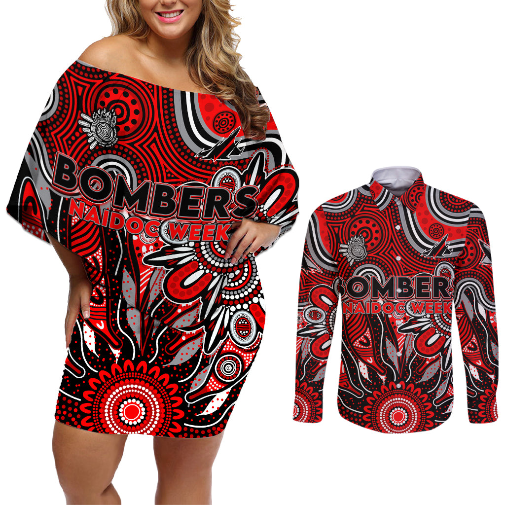 Personalised Bombers NAIDOC Week 2024 Couples Matching Off Shoulder Short Dress and Long Sleeve Button Shirt Aussie Aboriginal Art