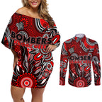 Personalised Bombers NAIDOC Week 2024 Couples Matching Off Shoulder Short Dress and Long Sleeve Button Shirt Aussie Aboriginal Art