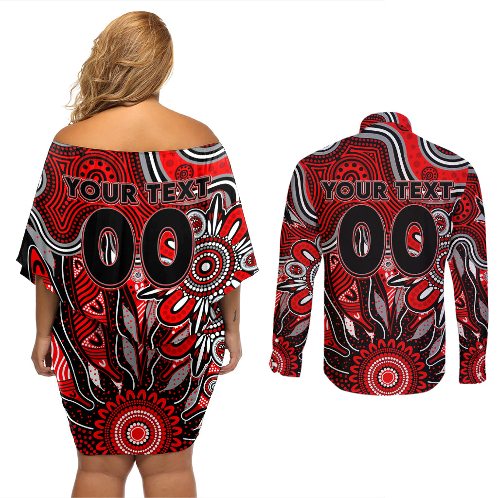Personalised Bombers NAIDOC Week 2024 Couples Matching Off Shoulder Short Dress and Long Sleeve Button Shirt Aussie Aboriginal Art