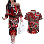 Personalised Bombers NAIDOC Week 2024 Couples Matching Off The Shoulder Long Sleeve Dress and Hawaiian Shirt Aussie Aboriginal Art