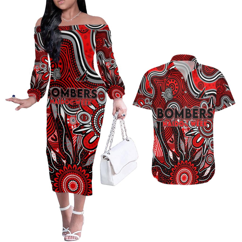 Personalised Bombers NAIDOC Week 2024 Couples Matching Off The Shoulder Long Sleeve Dress and Hawaiian Shirt Aussie Aboriginal Art