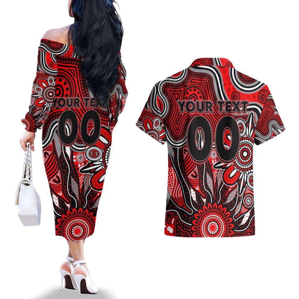 Personalised Bombers NAIDOC Week 2024 Couples Matching Off The Shoulder Long Sleeve Dress and Hawaiian Shirt Aussie Aboriginal Art