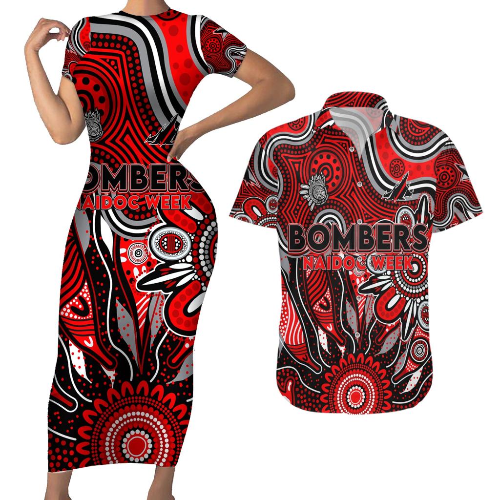 Personalised Bombers NAIDOC Week 2024 Couples Matching Short Sleeve Bodycon Dress and Hawaiian Shirt Aussie Aboriginal Art