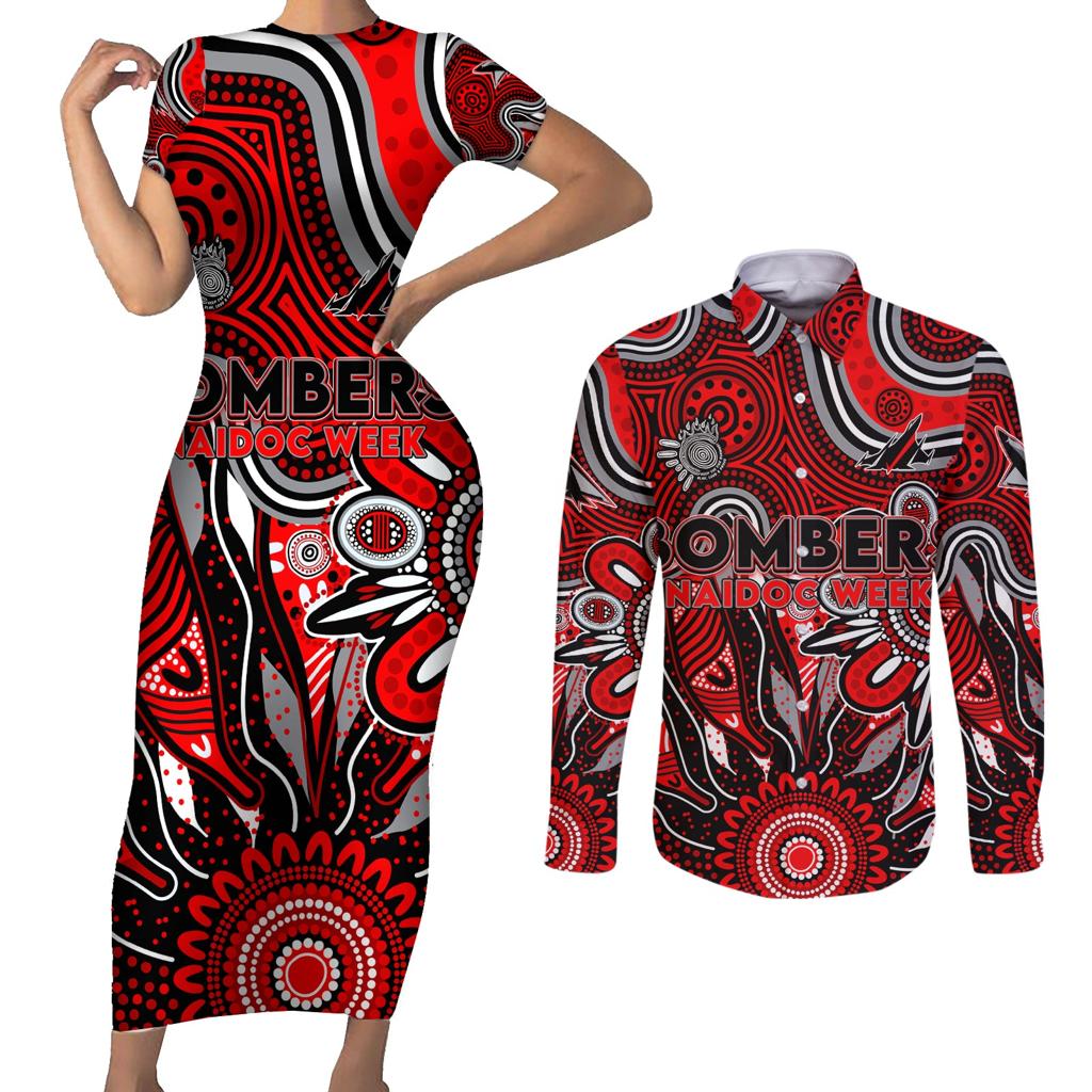 Personalised Bombers NAIDOC Week 2024 Couples Matching Short Sleeve Bodycon Dress and Long Sleeve Button Shirt Aussie Aboriginal Art