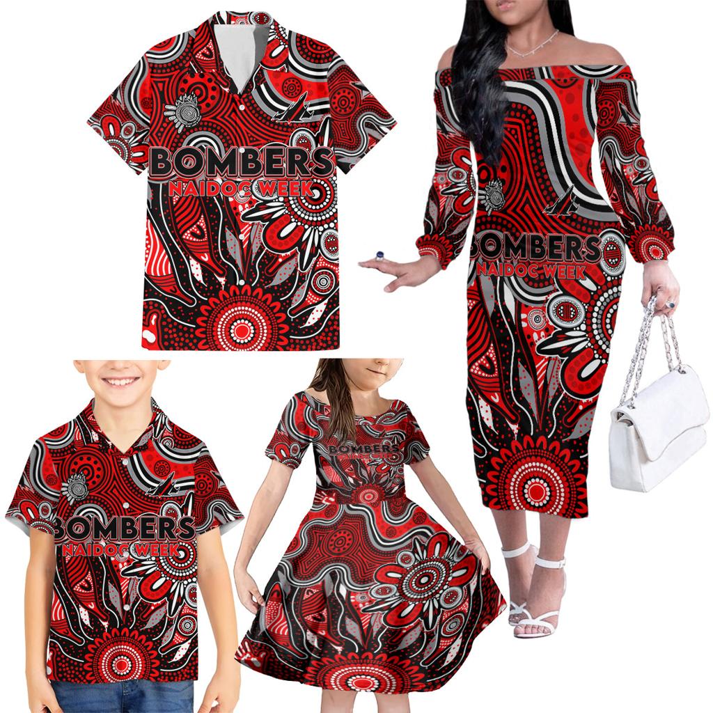 Personalised Bombers NAIDOC Week 2024 Family Matching Off The Shoulder Long Sleeve Dress and Hawaiian Shirt Aussie Aboriginal Art