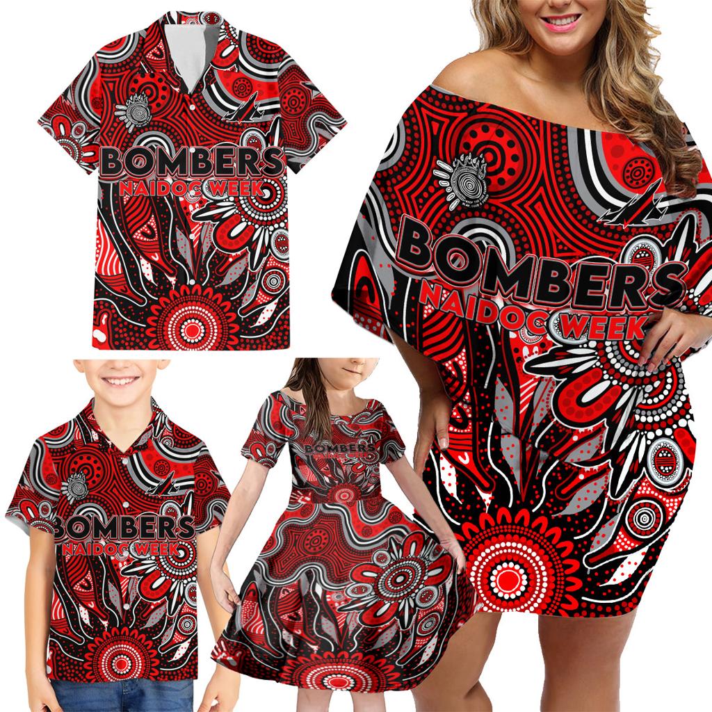 Personalised Bombers NAIDOC Week 2024 Family Matching Off Shoulder Short Dress and Hawaiian Shirt Aussie Aboriginal Art