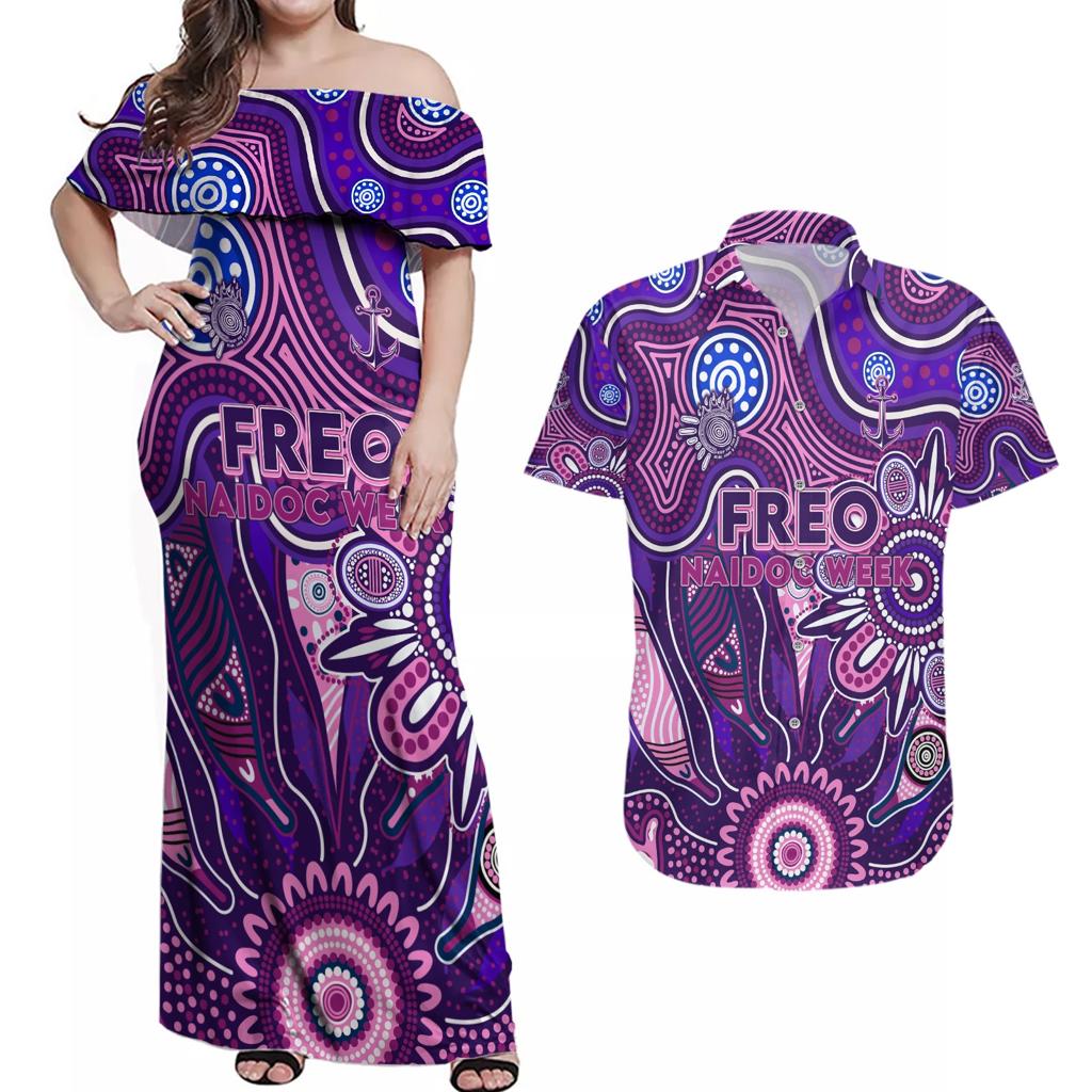 Personalised Freo NAIDOC Week 2024 Couples Matching Off Shoulder Maxi Dress and Hawaiian Shirt Aussie Aboriginal Art