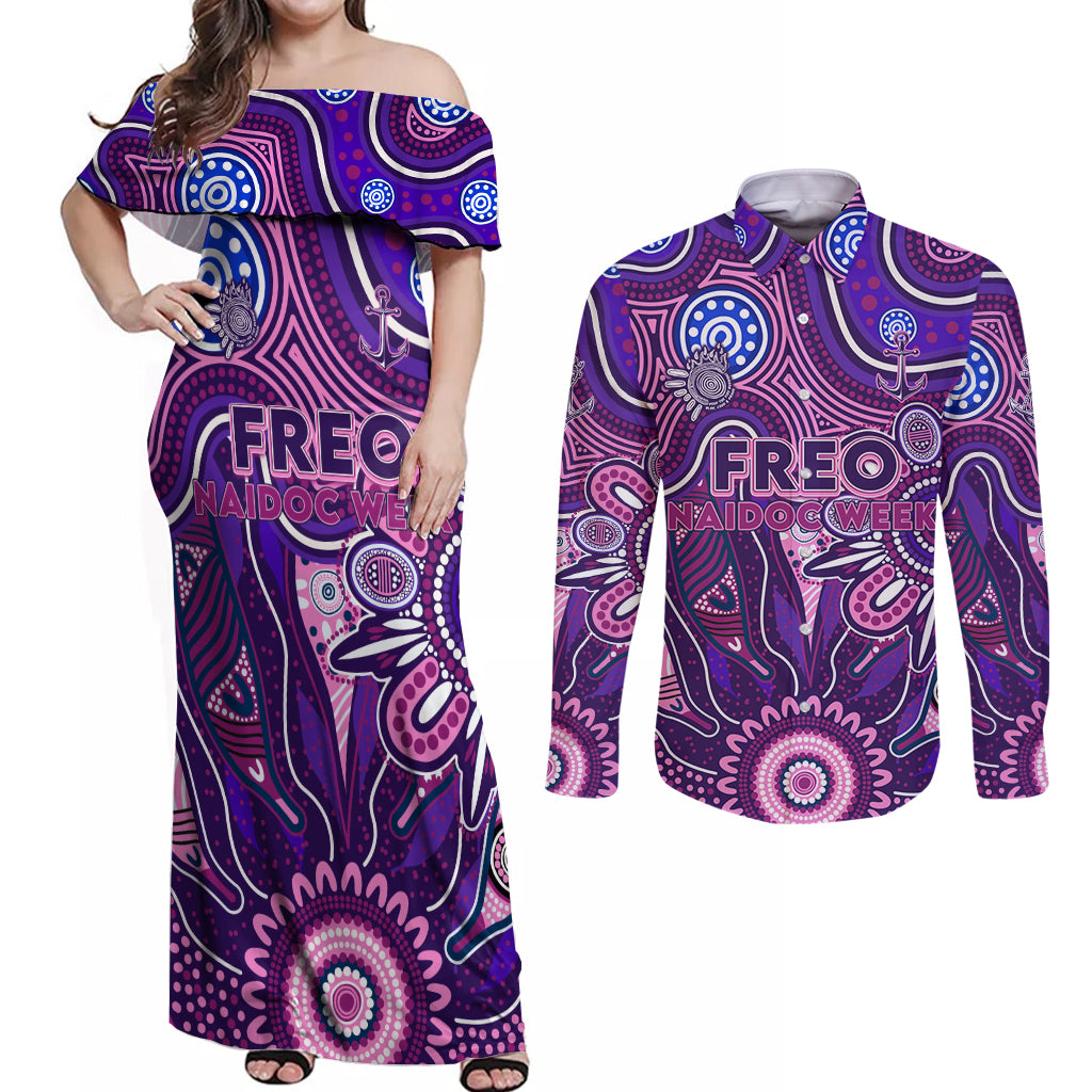 Personalised Freo NAIDOC Week 2024 Couples Matching Off Shoulder Maxi Dress and Long Sleeve Button Shirt Aussie Aboriginal Art