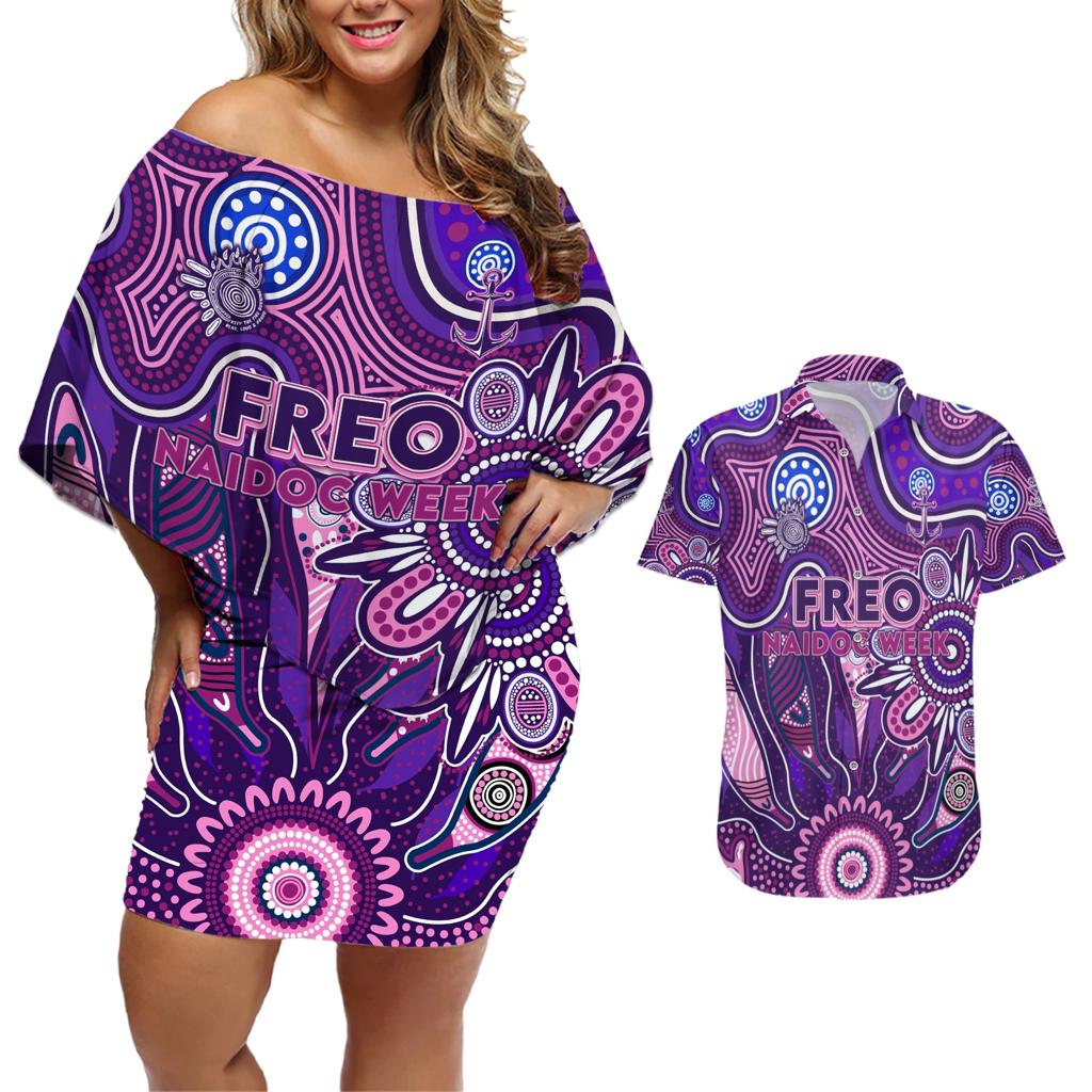 Personalised Freo NAIDOC Week 2024 Couples Matching Off Shoulder Short Dress and Hawaiian Shirt Aussie Aboriginal Art