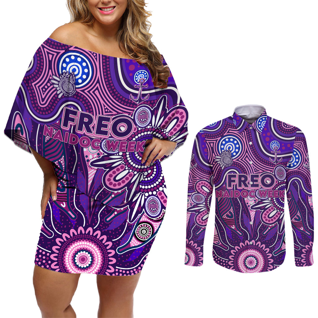 Personalised Freo NAIDOC Week 2024 Couples Matching Off Shoulder Short Dress and Long Sleeve Button Shirt Aussie Aboriginal Art