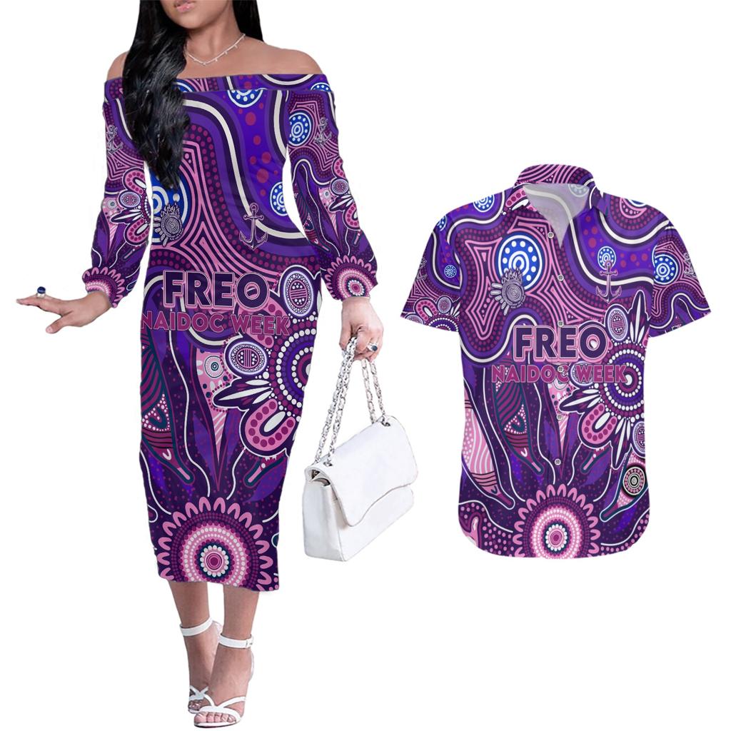 Personalised Freo NAIDOC Week 2024 Couples Matching Off The Shoulder Long Sleeve Dress and Hawaiian Shirt Aussie Aboriginal Art