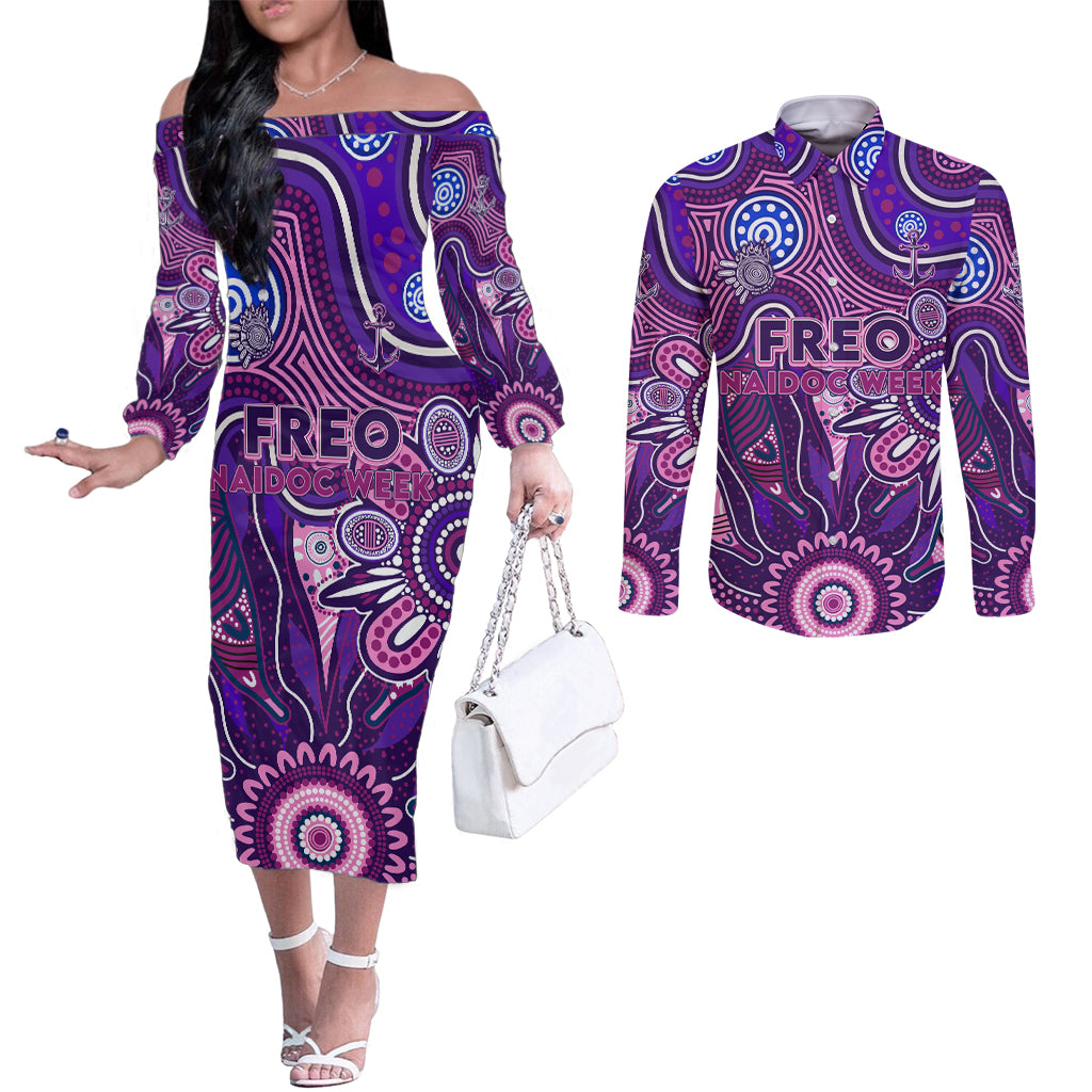 Personalised Freo NAIDOC Week 2024 Couples Matching Off The Shoulder Long Sleeve Dress and Long Sleeve Button Shirt Aussie Aboriginal Art