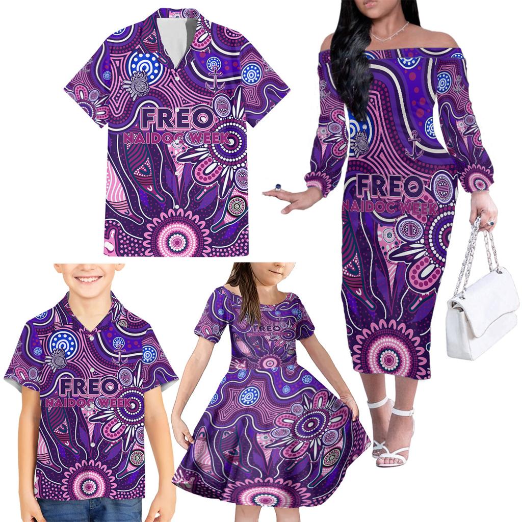 Personalised Freo NAIDOC Week 2024 Family Matching Off The Shoulder Long Sleeve Dress and Hawaiian Shirt Aussie Aboriginal Art