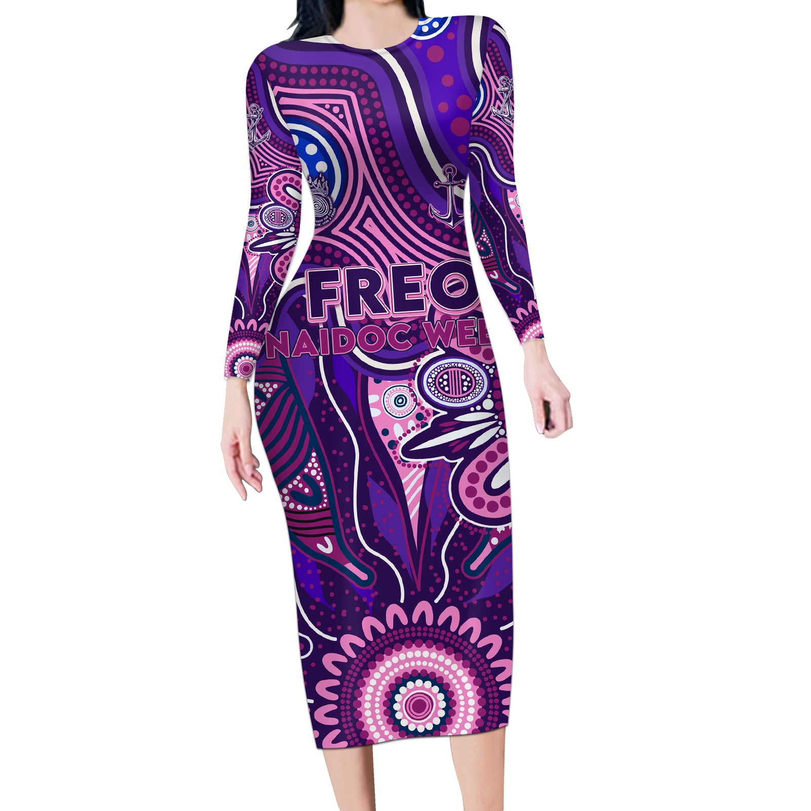Personalised Freo NAIDOC Week 2024 Long Sleeve Bodycon Dress Aussie Aboriginal Art