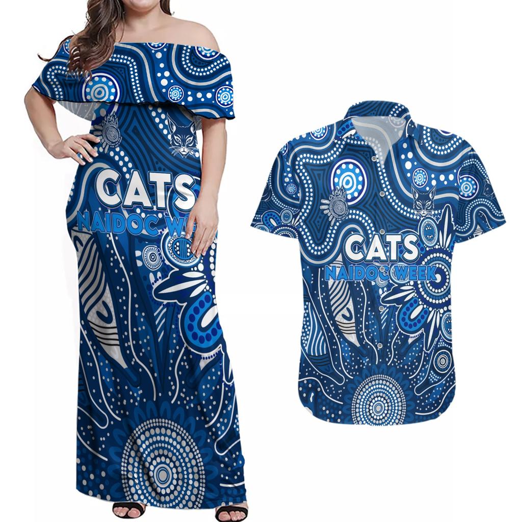 Personalised Cats NAIDOC Week 2024 Couples Matching Off Shoulder Maxi Dress and Hawaiian Shirt Aussie Aboriginal Art